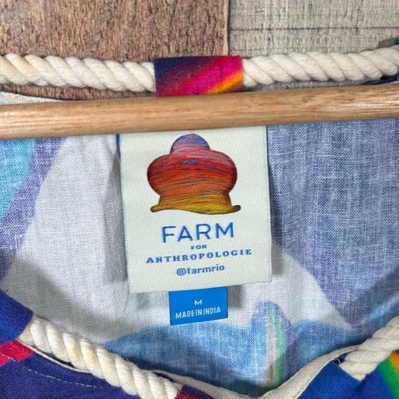 Farm Rio Anthropologie Linen Blend Rope Tassel Boho Blouse Top Medium Tropical - Picture 2 of 8